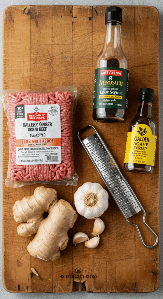 The simple, fresh ingredients for the classic and easy 10-Minute Garlicky Ginger Ground Beef Bowl.