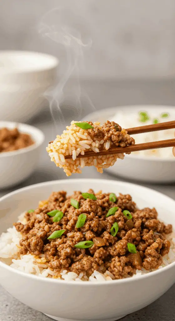 A cozy bowl of homemade, flavorful Garlicky Ginger Ground Beef being enjoyed with chopsticks for a casual family dinner.