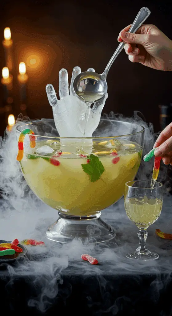 A beautiful, large glass punch bowl of a homemade, spooky, and pale green "Ghostly" Punch, with a creepy, frozen "ice hand" garnish and a dry ice fog effect.