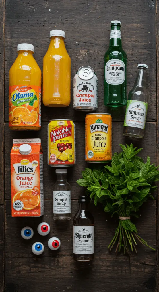The simple, from-scratch ingredients for the easy and spooky "Ghostly" Ginger Ale Punch recipe.