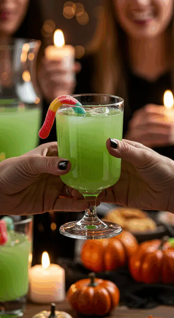 A hand holding an elegant glass of a homemade, green, and spooky "Ghostly" Punch at a fun and festive Halloween party.