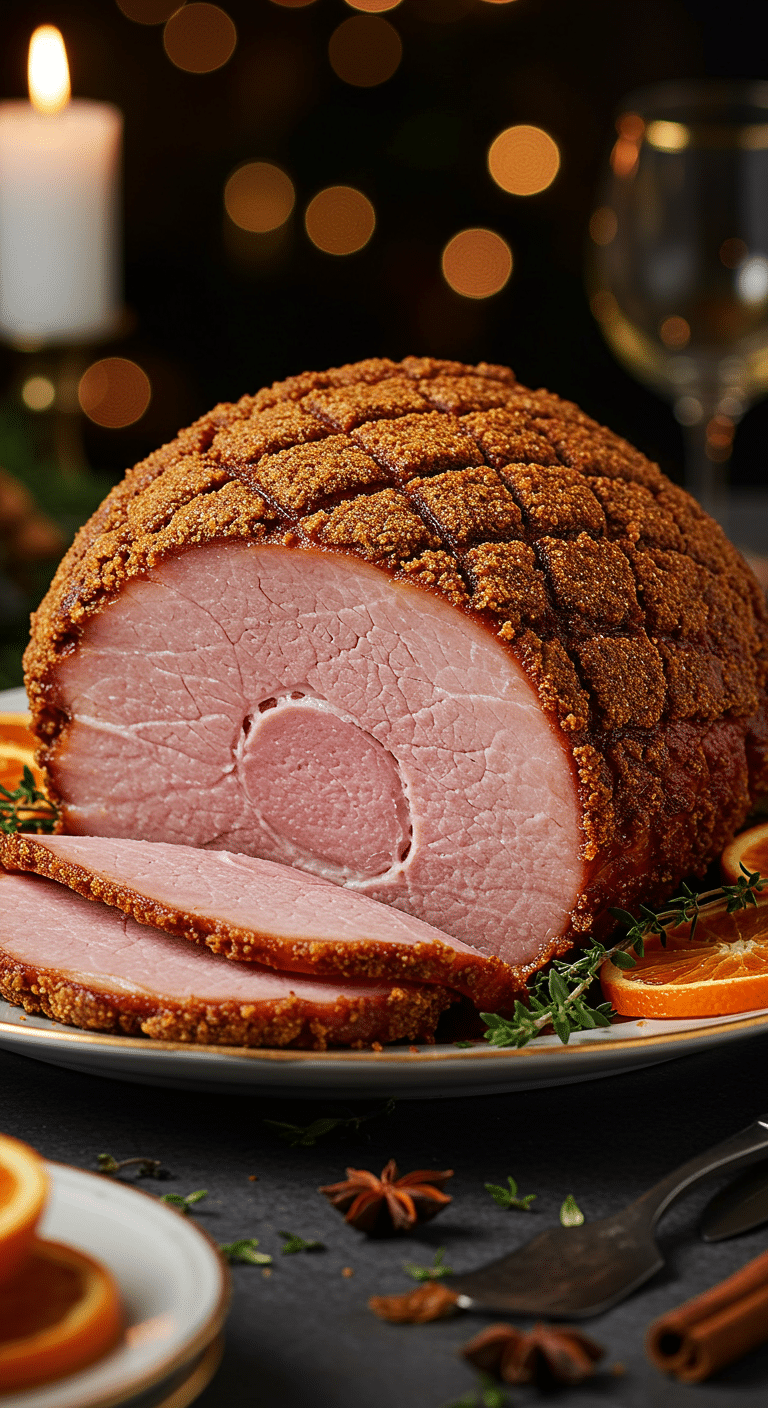 A beautiful, elegant platter with a homemade, juicy, and impressive Holiday Ginger Snap Crusted Ham, with a thick, crunchy crust and a juicy, pink slice cut from the end.
