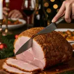 The whole, homemade, impressive, and crusted Ginger Snap Ham being carved as the centerpiece at a fun and sophisticated Christmas party.