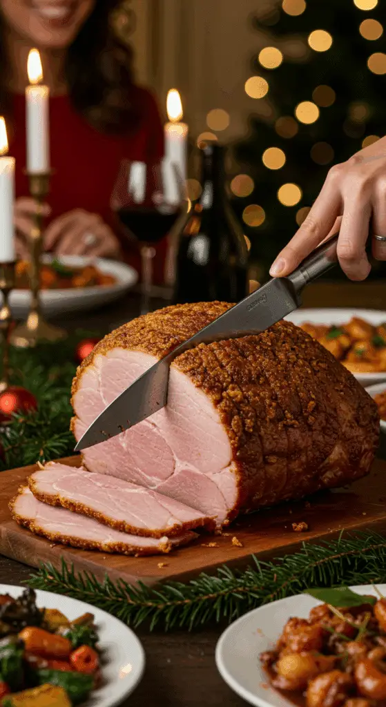 The whole, homemade, impressive, and crusted Ginger Snap Ham being carved as the centerpiece at a fun and sophisticated Christmas party.