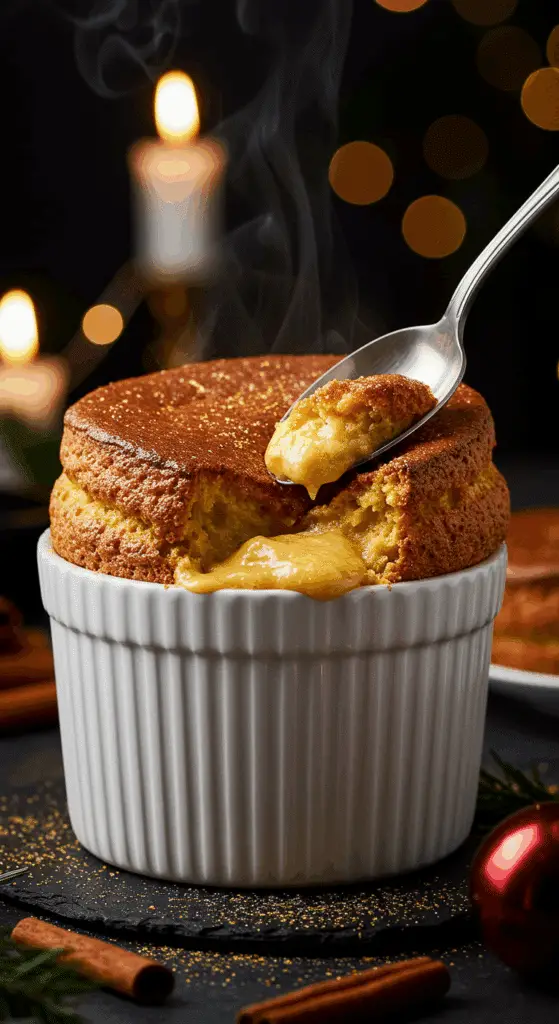 A beautiful, white soufflé dish with a homemade, dramatically puffed-up, and golden-brown Triple Ginger Soufflé, dusted with edible gold.