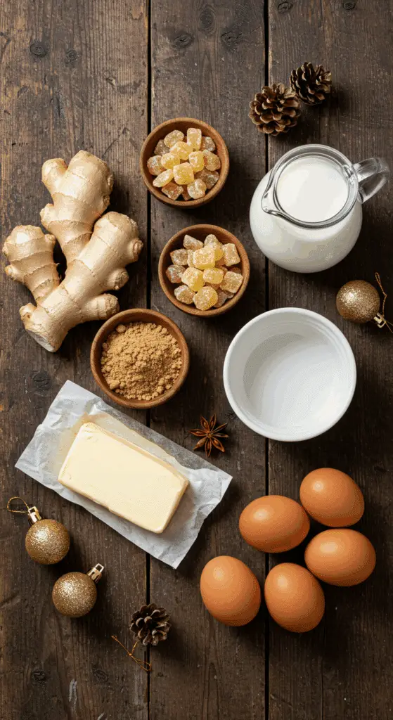 The simple, from-scratch ingredients for the classic and festive Triple Ginger Soufflé.