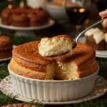 The whole, homemade, impressive, and dramatically puffed-up Triple Ginger Soufflé being served as the centerpiece at a fun and sophisticated Christmas party.