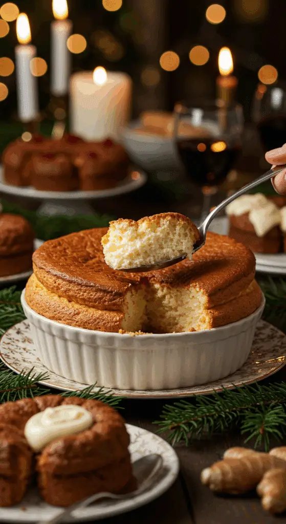 The whole, homemade, impressive, and dramatically puffed-up Triple Ginger Soufflé being served as the centerpiece at a fun and sophisticated Christmas party.