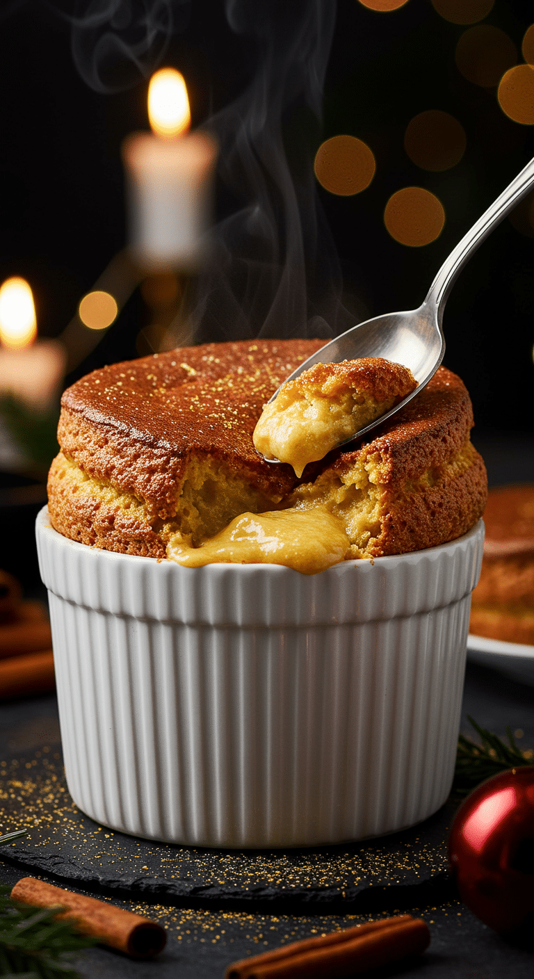 A beautiful, white soufflé dish with a homemade, dramatically puffed-up, and golden-brown Triple Ginger Soufflé, dusted with edible gold.