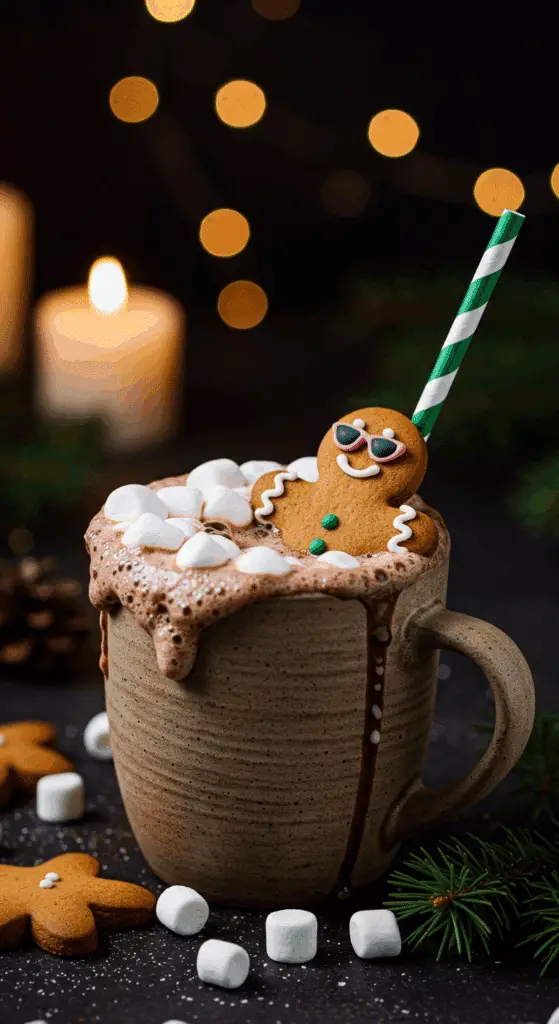 A beautiful, rustic mug of homemade Gingerbread Hot Chocolate, with a cute, decorated gingerbread man cookie relaxing in the whipped cream and marshmallow "bubbles."