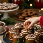 A large platter of homemade, cute, and festive Gingerbread Hot Chocolate Tubs being served at a fun and casual Christmas party.
