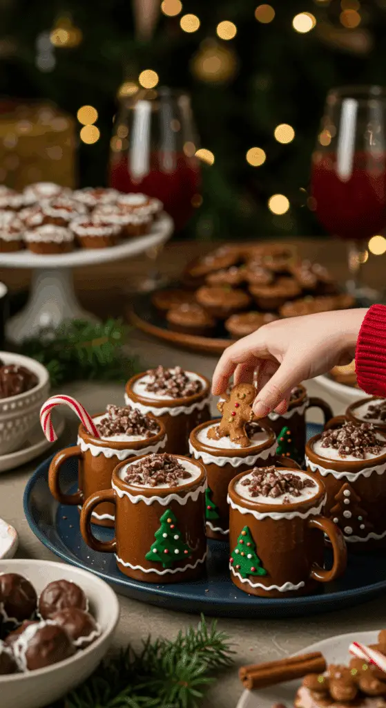 A large platter of homemade, cute, and festive Gingerbread Hot Chocolate Tubs being served at a fun and casual Christmas party.