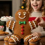 The whole, homemade, festive, and decorated Gingerbread Man Cupcake Cake being served as the centerpiece at a fun and casual Christmas party.