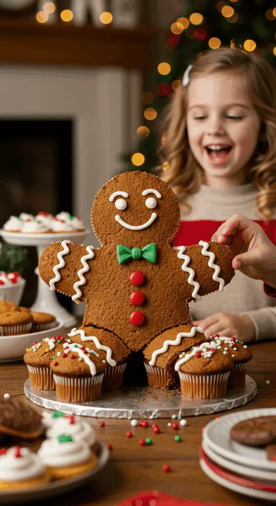 The whole, homemade, festive, and decorated Gingerbread Man Cupcake Cake being served as the centerpiece at a fun and casual Christmas party.