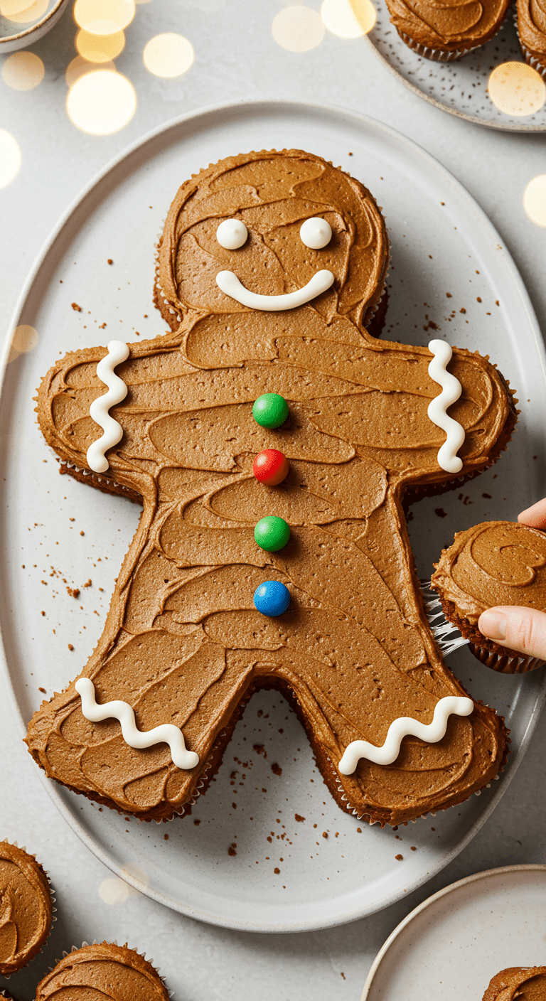 A beautiful, overhead shot of a homemade, festive Pull-Apart Gingerbread Man Cupcake Cake, with a dark, piped frosting, gumdrop buttons, and a single cupcake pulled away.