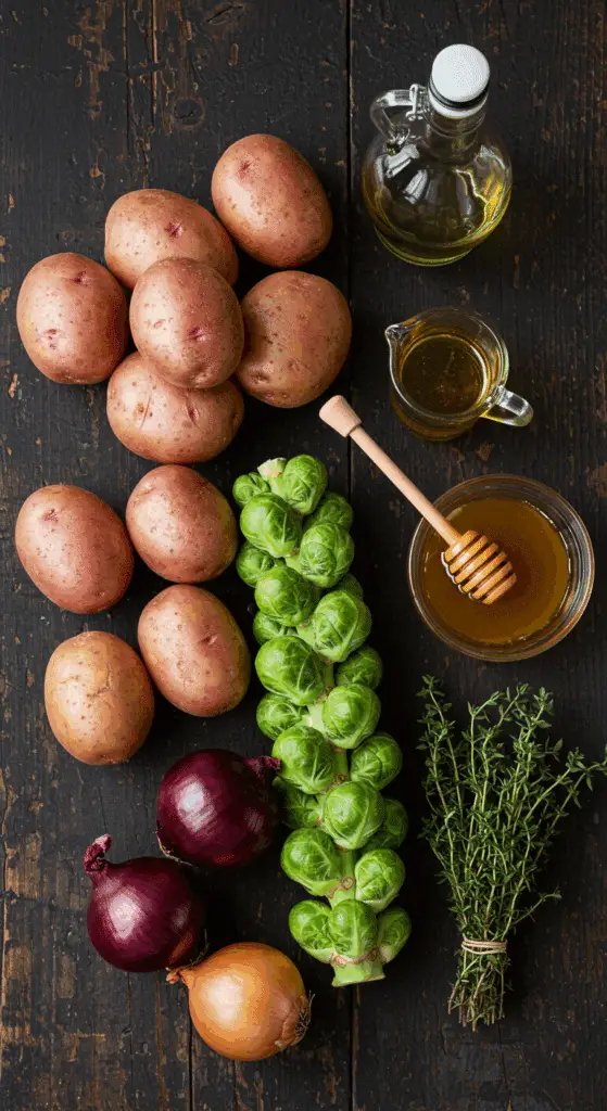 The simple, from-scratch ingredients for the classic and impressive Holiday Glazed Brussels Sprouts and Potatoes.