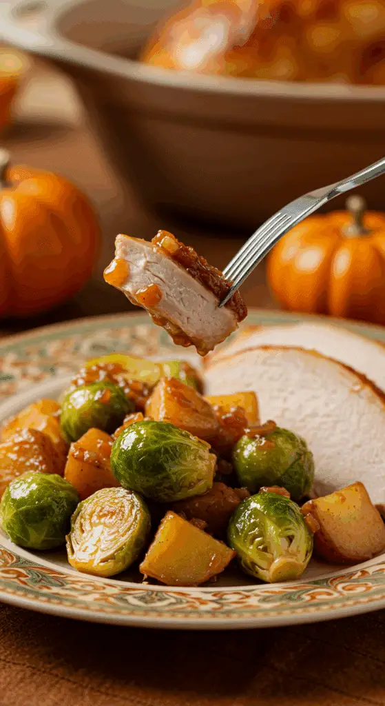 A beautiful plate of a homemade, elegant, and colorful Glazed Brussels Sprouts and Potatoes, being served with a thick slice of a roasted turkey at a Thanksgiving dinner.