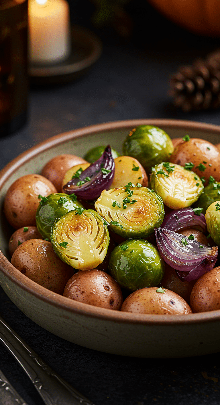 A beautiful, rustic serving bowl of homemade, easy, and elegant Glazed Brussels Sprouts and Potatoes, with a glossy honey-butter glaze and fresh parsley.