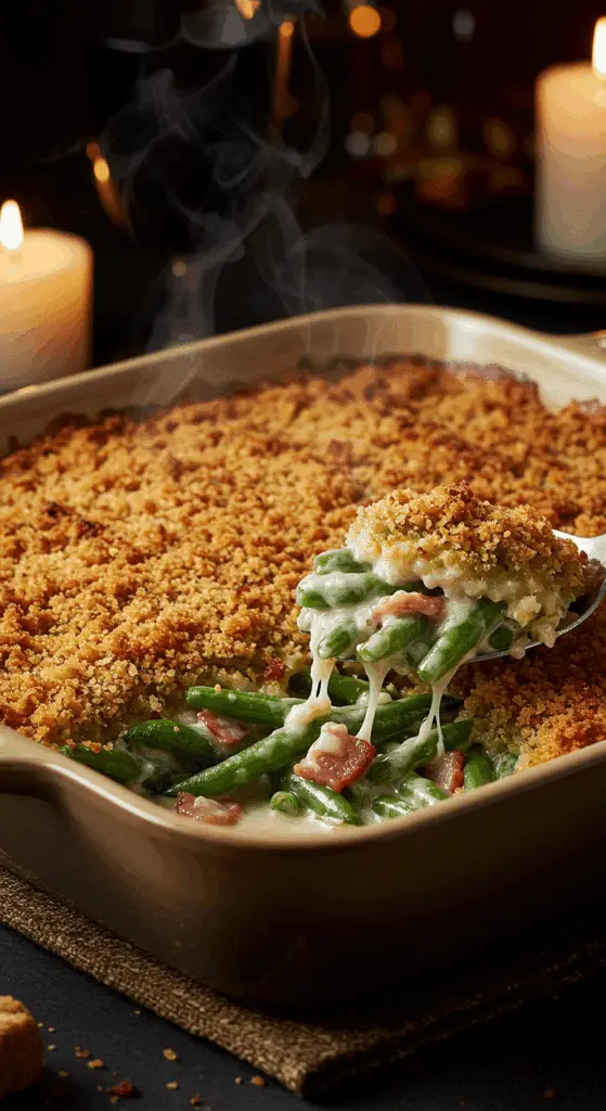A beautiful, rustic baking dish of homemade, easy, and from-scratch Green Bean Casserole, with a golden-brown, crispy panko crust and a creamy, bacon-studded interior.