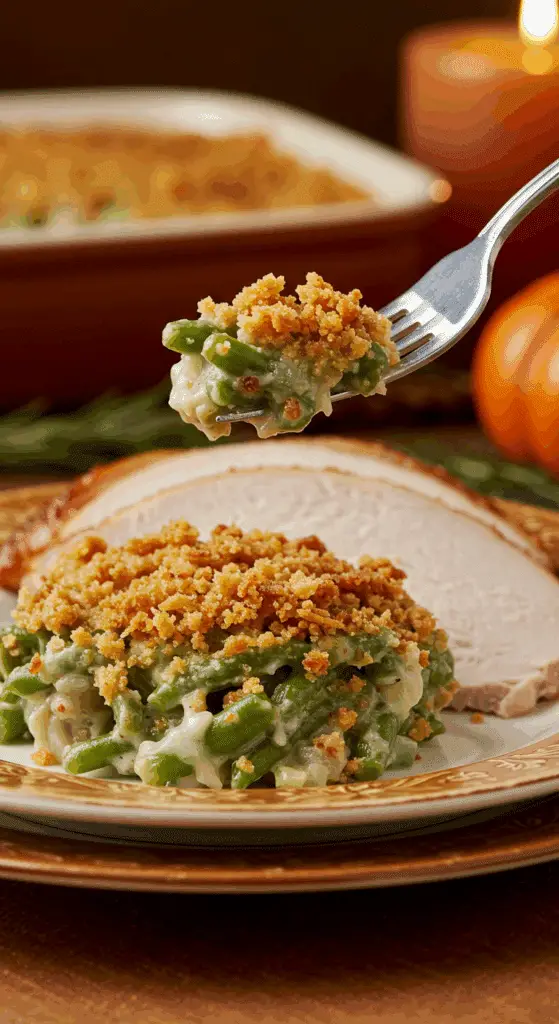 A beautiful plate of a homemade, elegant, and crispy-topped Green Bean Casserole, being served with a thick slice of a roasted turkey at a Thanksgiving dinner.