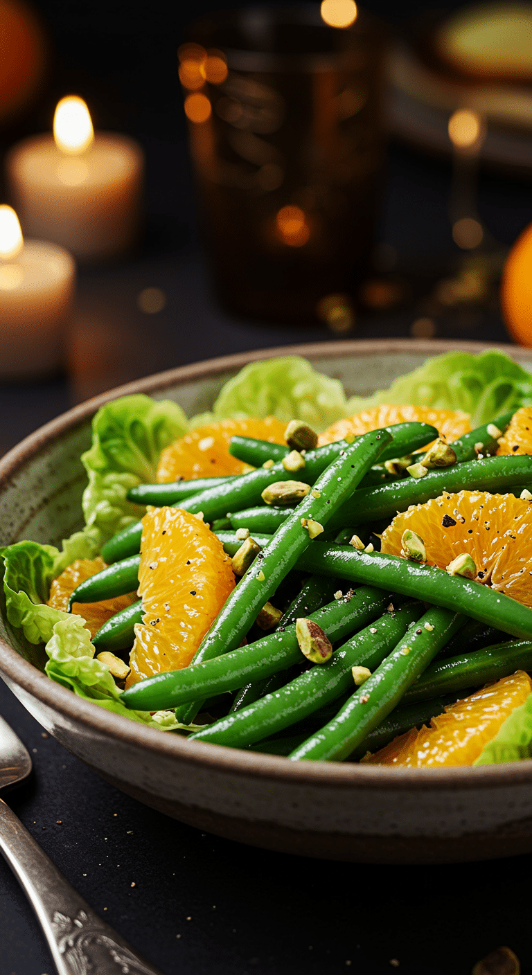 The simple, from-scratch ingredients for the classic and impressive Holiday Green Bean and Orange Salad.