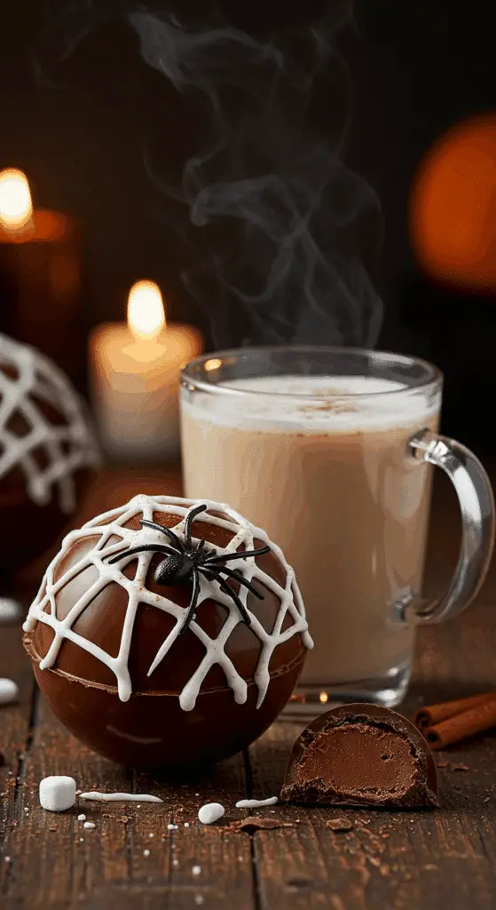A beautiful, close-up shot of a homemade, spooky Halloween Hot Cocoa Bomb, covered in a white, marshmallow spiderweb and a candy spider, next to a mug of hot milk.