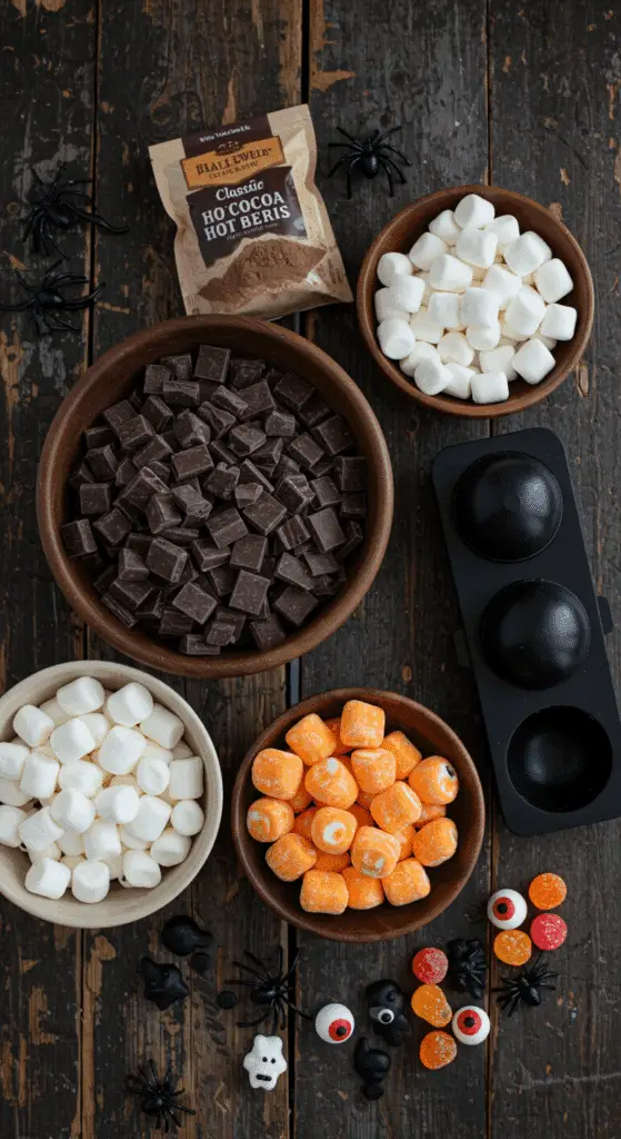 The simple, from-scratch ingredients for the easy and spooky Halloween Hot Cocoa Bombs.