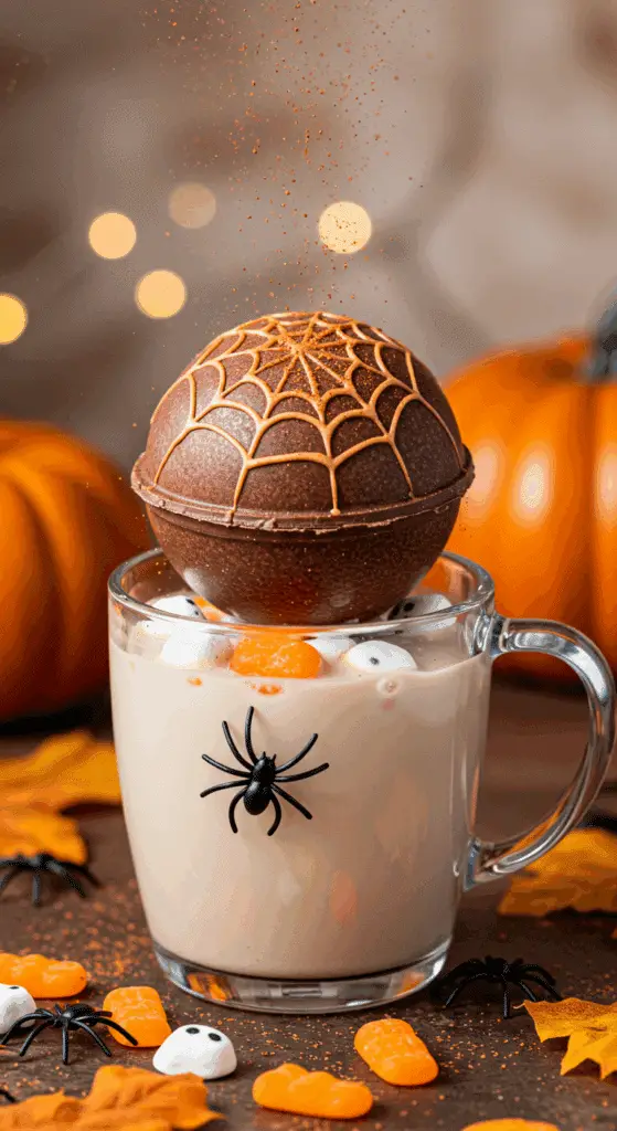 A magical action shot of a homemade, spooky Halloween Hot Cocoa Bomb "exploding" and releasing cocoa and marshmallows into a large glass mug of hot milk.