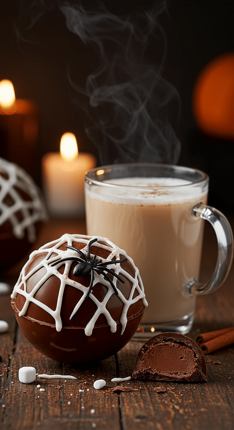 A beautiful, close-up shot of a homemade, spooky Halloween Hot Cocoa Bomb, covered in a white, marshmallow spiderweb and a candy spider, next to a mug of hot milk.