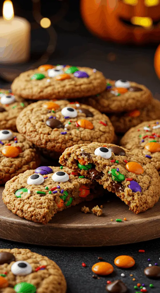 A beautiful, rustic platter of homemade, spooky, and colorful Halloween Monster Cookies, with a chewy oatmeal base, M&Ms, and cute candy eyeballs.