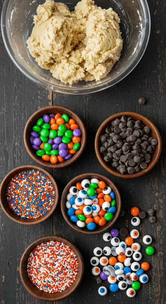 The simple, from-scratch ingredients and the fun, festive mix-ins for the easy and spooky Halloween Monster Cookies recipe.