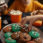A large platter of homemade, spooky, and colorful Halloween Monster Cookies being served at a fun and casual Halloween party.