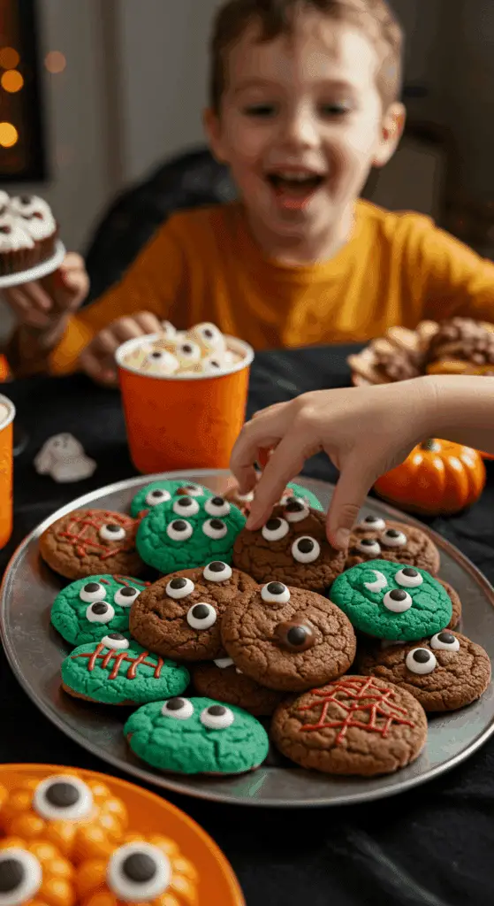 A large platter of homemade, spooky, and colorful Halloween Monster Cookies being served at a fun and casual Halloween party.