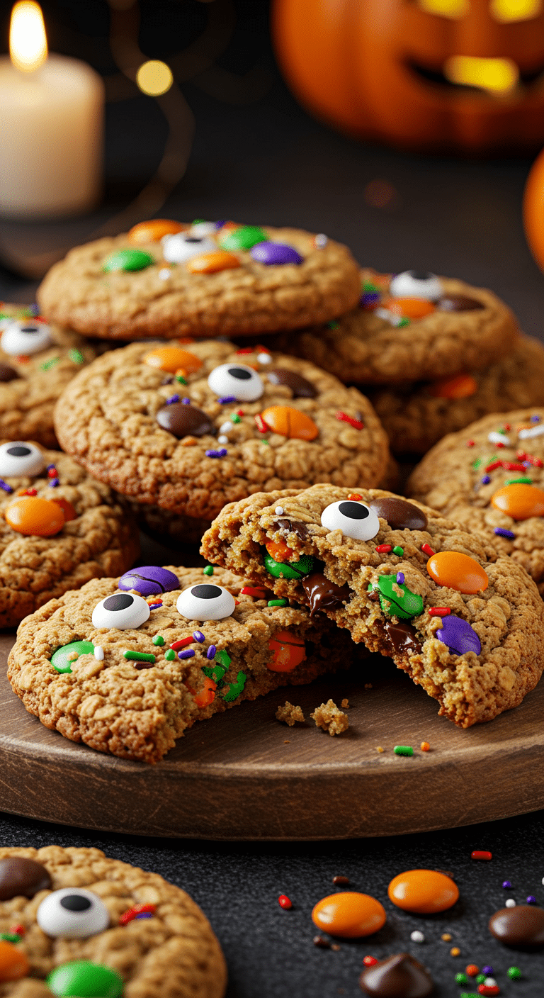 A beautiful, rustic platter of homemade, spooky, and colorful Halloween Monster Cookies, with a chewy oatmeal base, M&Ms, and cute candy eyeballs.