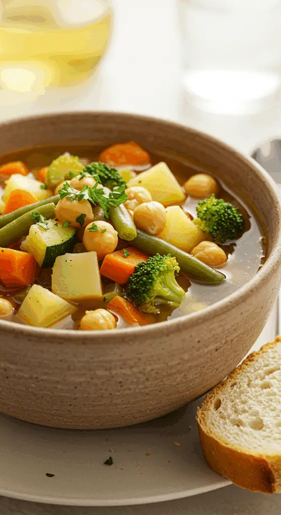 A beautiful, rustic bowl of homemade, hearty, and healthy Crockpot Vegetable Soup, packed with a colorful medley of tender vegetables.