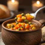 A cozy bowl of homemade, hearty Crockpot Vegetable Soup being served for a casual family dinner.