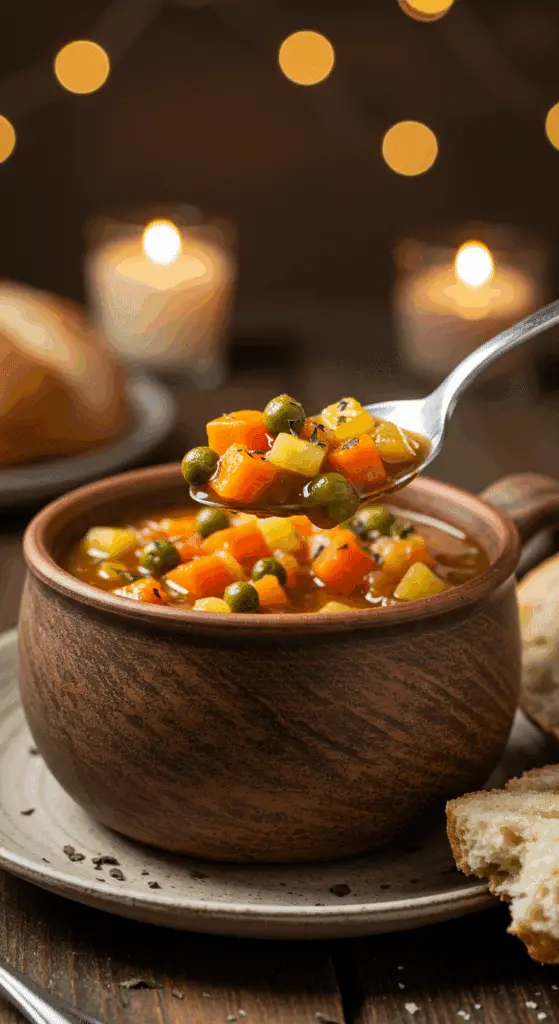 A cozy bowl of homemade, hearty Crockpot Vegetable Soup being served for a casual family dinner.