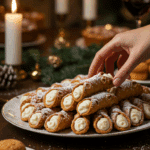 The large, homemade, impressive platter of fresh Homemade Cannoli being served as the centerpiece at a fun and sophisticated Christmas party.