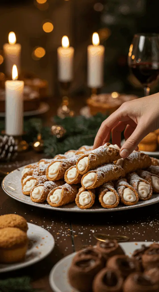 The large, homemade, impressive platter of fresh Homemade Cannoli being served as the centerpiece at a fun and sophisticated Christmas party.