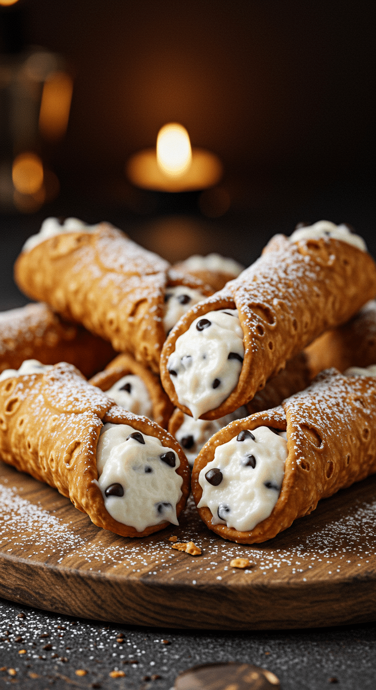 A beautiful, rustic platter of homemade, crispy, and authentic Cannoli, with a golden-brown, bubbly shell and a creamy, white ricotta and chocolate chip filling.