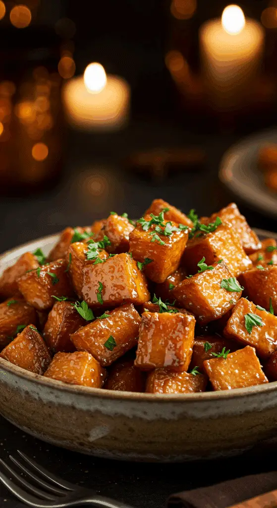 A beautiful, rustic serving bowl of homemade, easy, and elegant Honey-Roasted Sweet Potatoes, with deep, caramelized edges and a glossy honey glaze.
