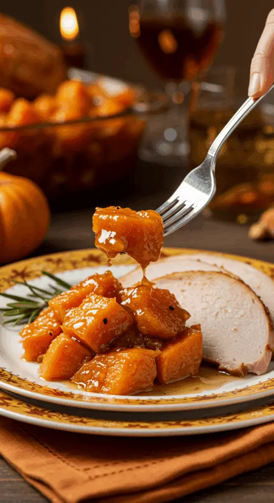 A beautiful plate of a homemade, elegant, and caramelized Honey-Roasted Sweet Potatoes, being served with a thick slice of a roasted turkey at a Thanksgiving dinner.