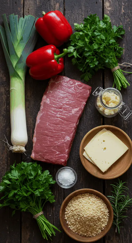 The simple, from-scratch ingredients for the classic and impressive Holiday Horseradish-Crusted Steak Roulade.