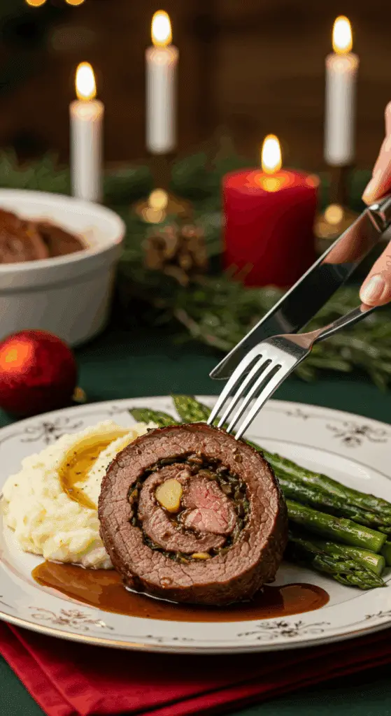 A beautiful plate of a homemade, thick, and juicy, spiral-stuffed slice of a Steak Roulade, being served with mashed potatoes and roasted asparagus at a Christmas dinner.