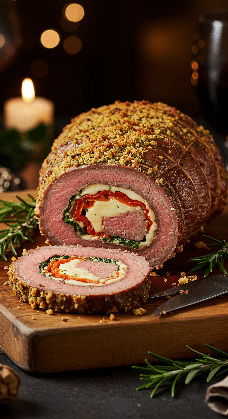 A beautiful, rustic cutting board with a homemade, juicy, and impressive Holiday Horseradish-Crusted Steak Roulade, with a crispy crust and a beautiful, spiral-stuffed slice cut from the end.