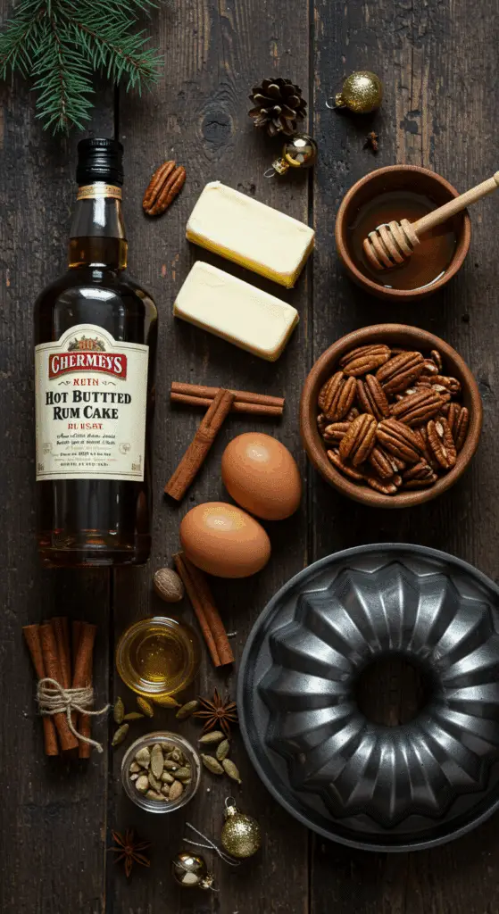 The simple, from-scratch ingredients for the festive and impressive Hot Buttered Rum Cake.