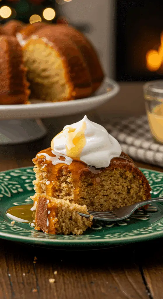 A beautiful plate with a homemade, festive, and moist slice of a Hot Buttered Rum Cake being served for a holiday dessert.