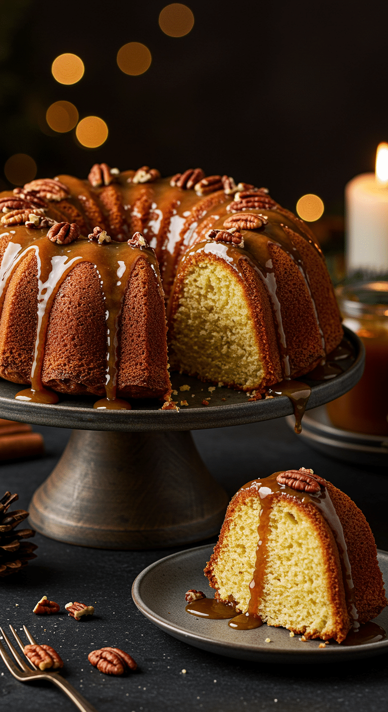 A beautiful, elegant cake stand with a homemade, festive Hot Buttered Rum Cake, with a glossy rum glaze, a moist crumb, and a crunchy pecan topping.
