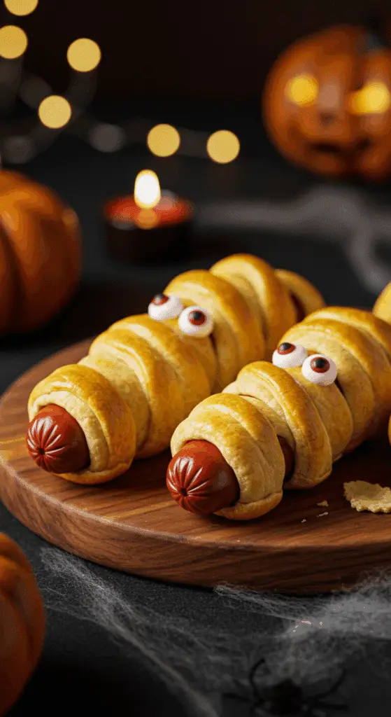 A beautiful, rustic platter of homemade, spooky, and fun Hot Dog Mummies, with a golden-brown, flaky crescent roll "bandage" and cute cheese eyes.