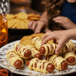 A large platter of homemade, spooky, and adorable Hot Dog Mummies being served at a fun and casual Halloween party.